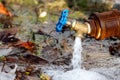 A small outdoor brass tap gushing water