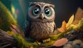 a small owl sitting on top of a moss covered tree branch with leaves around it\'s feet and eyes wide open,
