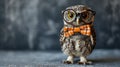 A small owl wearing a bow tie and glasses sitting on the ground, AI Royalty Free Stock Photo