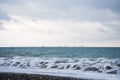 A small oyster and mussel farm on The black sea coast. Farm structures are visible in the sea, and a wave storm 4 points Is in the