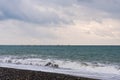 A small oyster and mussel farm on The black sea coast. Farm structures are visible in the sea, and a wave storm 4 points Is in the