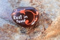 Small painted brown rock states Rest in Peace