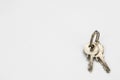 Small pair of silver keys on a white background