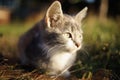 A small pale gray kitten lies on a on a green grass in the garden. Cute domestic animal portrait. Kitty relaxed at sunset. Royalty Free Stock Photo