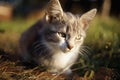 A small pale gray kitten lies on a on a green grass in the garden. Cute domestic animal portrait. Kitty relaxed at sunset Royalty Free Stock Photo