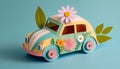 Small paper car with colorful spring flowers on blue background Royalty Free Stock Photo