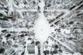 Small park with bare trees covered with snow. Aerial view to winter park in Yekaterinburg Royalty Free Stock Photo