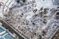 Small park with bare trees covered with snow. Aerial view to winter park in Yekaterinburg Royalty Free Stock Photo