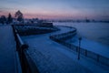 Small park near Angara river in Irkutsk city in winter season at sunset, Siberia, Russia Royalty Free Stock Photo