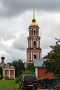 Russia, Staraya Russa, August 2021. Parking at the bell tower of the Ascension Cathedral.