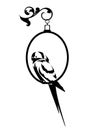 Pet parrot bird sitting on ring perch black and white vector outline Royalty Free Stock Photo
