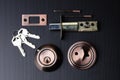 Small parts of Deadbolt lock to protect security safety on door window house. Incomplete many parts of deadbolt lock before Royalty Free Stock Photo