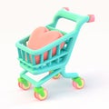 Small pastel colored shopping cart trolley with a pink heart in it, on white background. supermarket concept. 3D illustration.