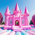 A small pastel pink castle surrounded by a thick white Abstract A inflatable castle for children in the