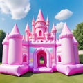 A small pastel pink castle surrounded by a thick white Abstract A inflatable castle for children in the