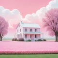 A small pastel pink farmhouse surrounded by a thick white Abstract A house in the