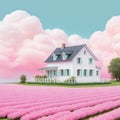 A small pastel pink farmhouse surrounded by a thick white Abstract A house in the