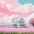 A small pastel pink farmhouse surrounded by a thick white Abstract A house in the