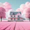 A small pastel pink farmhouse surrounded by a thick white Abstract A house in the