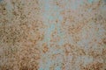 Small patches of light blue pastel paint on an old metal surface with rust spots and scratches. Royalty Free Stock Photo