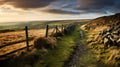 Stunning British Landscape: Tableland With Stone Fence On English Moors