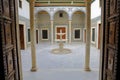 Small patio with a marble fountain inside the Bardo Museum, with ceramics, columns and arcades