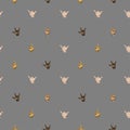 A small-patterned symmetrical modern seamless pattern from the American sign language I love you on a gray background.
