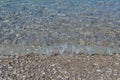 Small pebbles and wet sand on the sea beach; water line. Calm transparent water Royalty Free Stock Photo