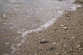 Small pebbles and wet sand on the sea beach; water line. Royalty Free Stock Photo