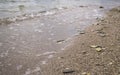 Small pebbles and wet sand on the sea beach; water line. Royalty Free Stock Photo