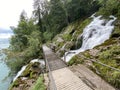 Small pedestrian bridges over the Giessbach stream and between the waterfalls Giessbach Falls / GiessbachfÃÂ¤lle or Giessbachfaelle