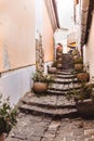 A small pedestrian old street, made of stone bricks with large vases of flowers.