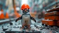 A small penguin wearing a hard hat on the ground, AI