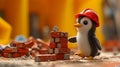 A small penguin wearing a hard hat and standing next to some bricks, AI