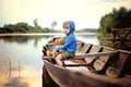 A small, pensive boy in a blue hooded sweater sits on wooded boot with teddy bear at the river.