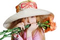 Small pensive girl with pink flowers