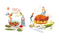 Small People Characters Cooking Giant Food Dressing Salad in Bowl and Serving Roasted Chicken on Plate Vector Set