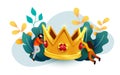 Small people flying around big golden crown. Victory, triumph or achievement concept. Best deal or reward sign.