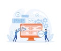 Small people programmers coding and correct errors in project. Laptop screen with program code. Royalty Free Stock Photo