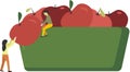 Small people team fill out a form. Picking apples. Vector illustration.
