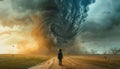 A small person against the background of a large tornado Royalty Free Stock Photo