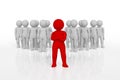 Small person the leader of a team allocated with red colour. 3d rendering. Isolated white background.