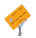 A small person is standing under the load of a credit card. concept of heavy credit conditions. vector illustration.