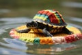 Small Pet Turtle Wearing Shellshaped Beach Hat And Colorful Swim Ring. Generative AI