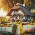 A small, picturesque cottage sits behind a white picket fence in a lush garden. Royalty Free Stock Photo