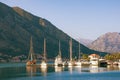 Small picturesque harbor for yachts near town of Kotor on sunny evening. Montenegro. Free space for text