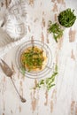 Small pie with blue cheese, pears and fresh arugula Royalty Free Stock Photo