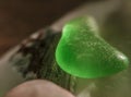 Small tumbled green glass resting on a piece of shell _macro