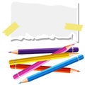 Small piece of paper and many color pencils Royalty Free Stock Photo