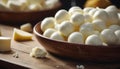 Small pieces of mozzarella cheese on the wooden board.